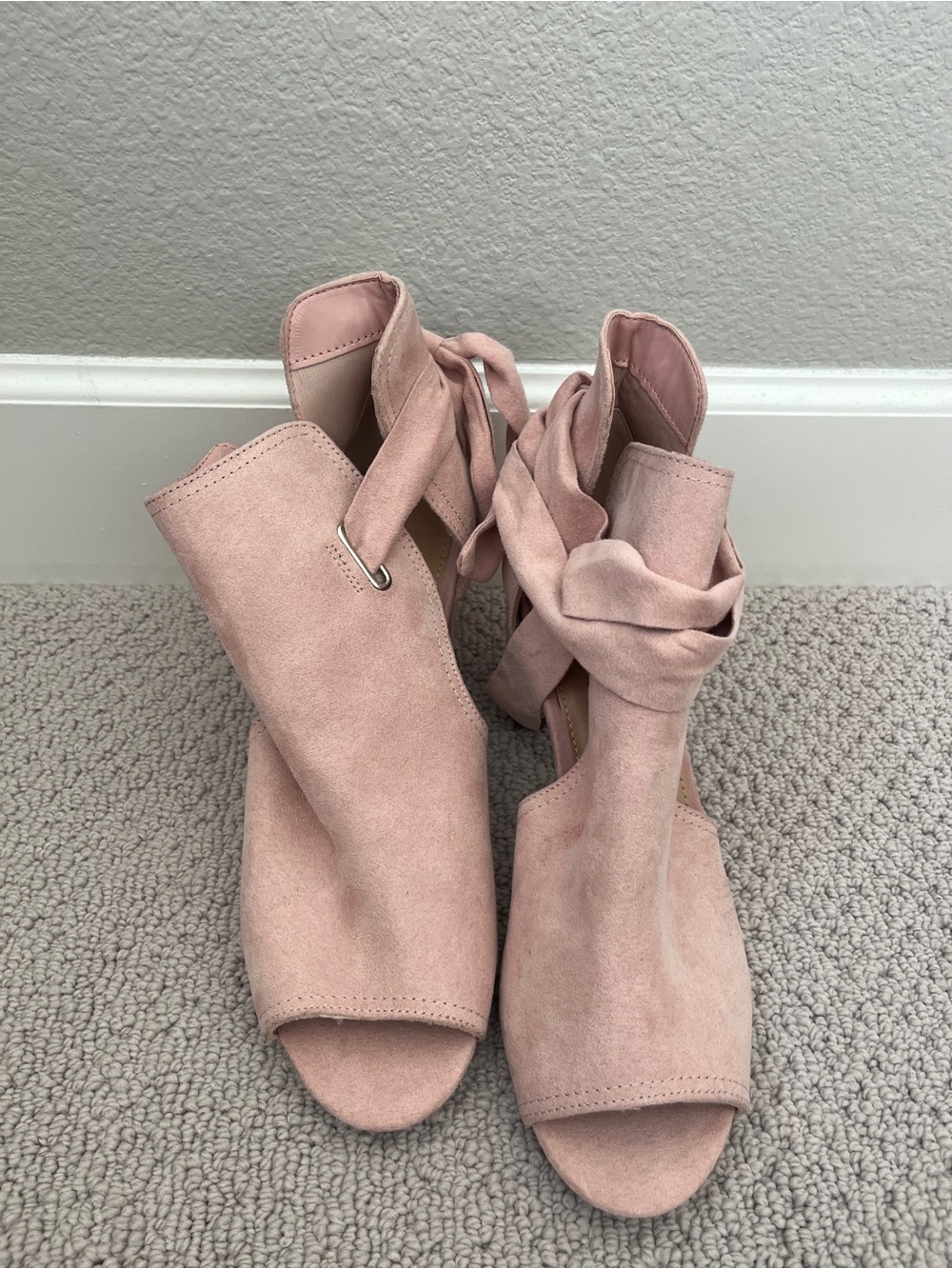 Shoe Dazzle Blush Pink Suede Open-Toe Block Heel Ankle Boots - Picture 3 of 9